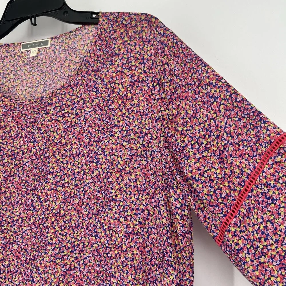 Pleione Womens Ditsy Floral Boho Top Pink 3/4 Balloon Sleeves Crochet Size S - Image 3