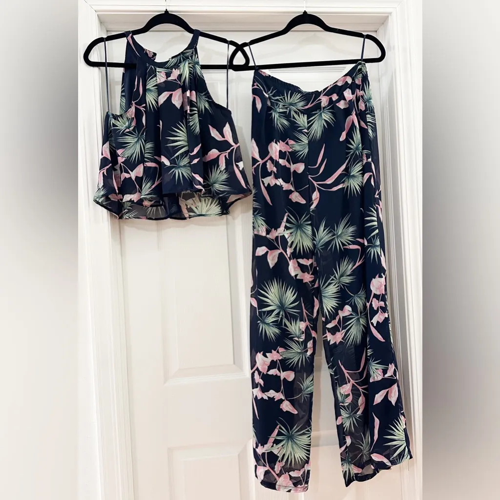JustFab Miss Avenue Tropical Print Halter Top Wide Leg Pant 2pc Set Blue Pink M - Image 5