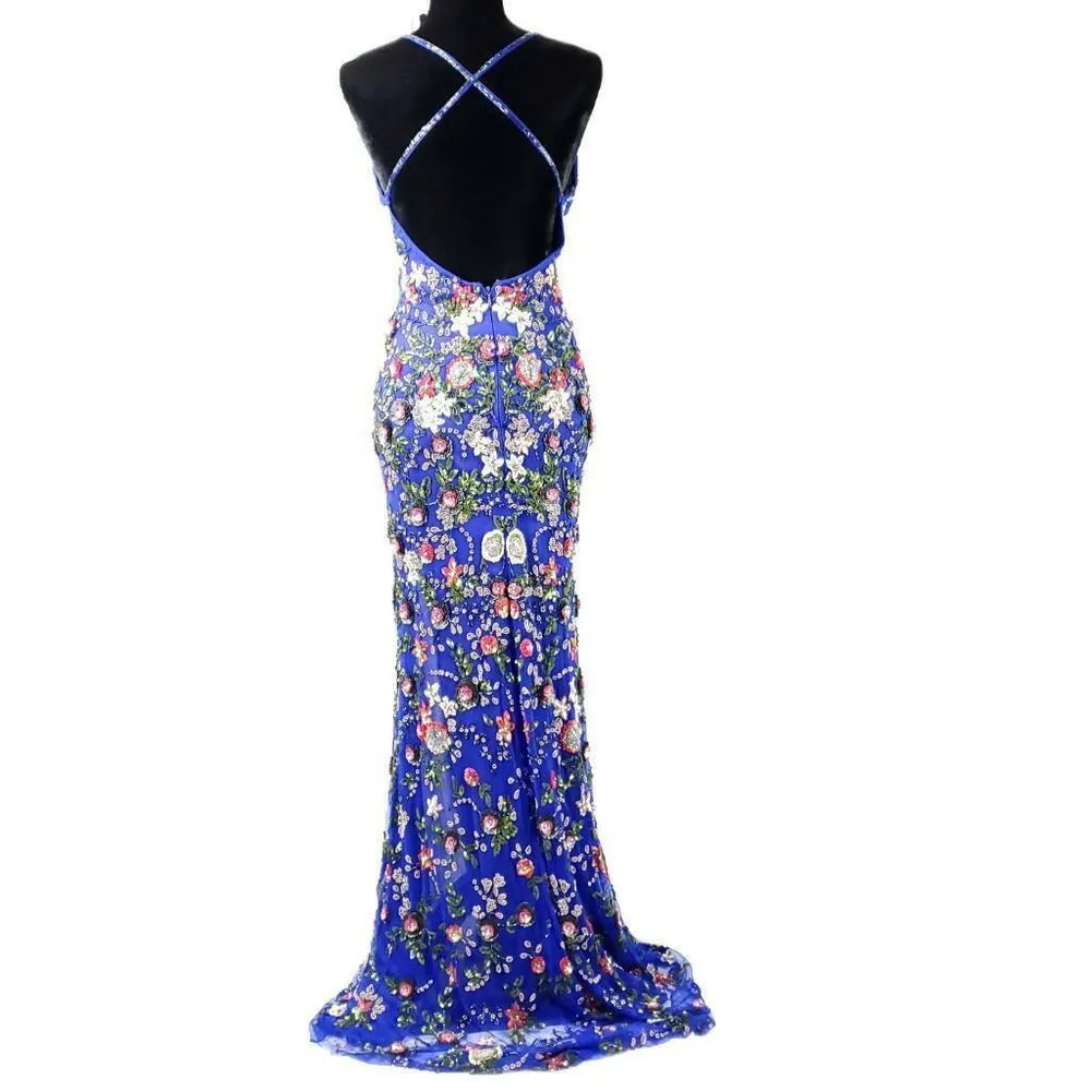 Primavera Womens Formal Dress Blue Floral Sequined Size 2 - Image 3