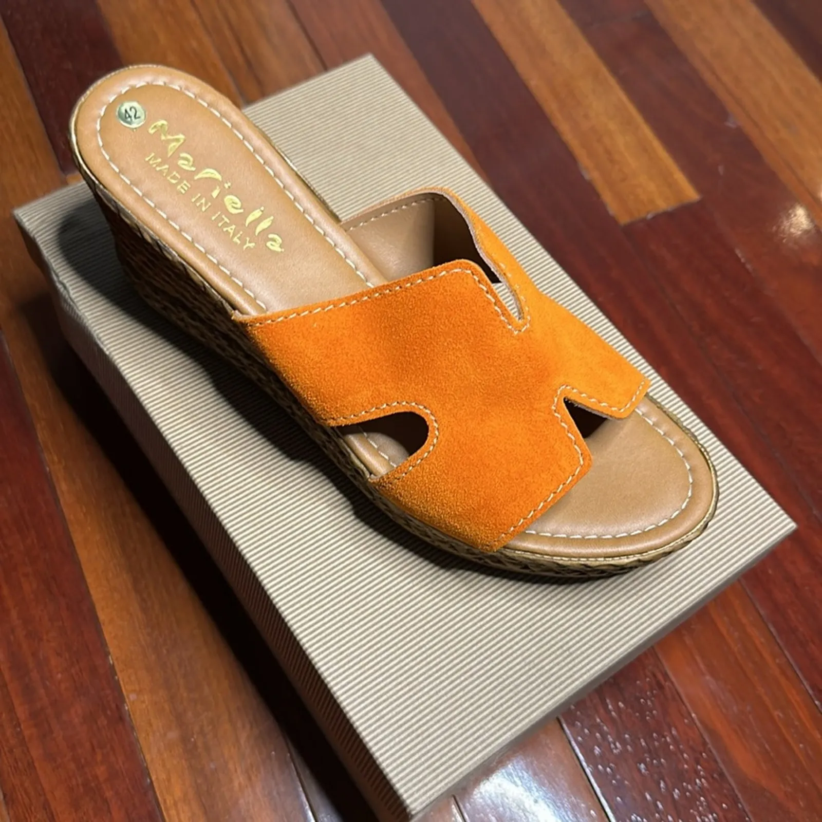 Mariella ORANGE Wedge Shoes Suede H Band Sandals Vacation Italian Size 10 - Image 2