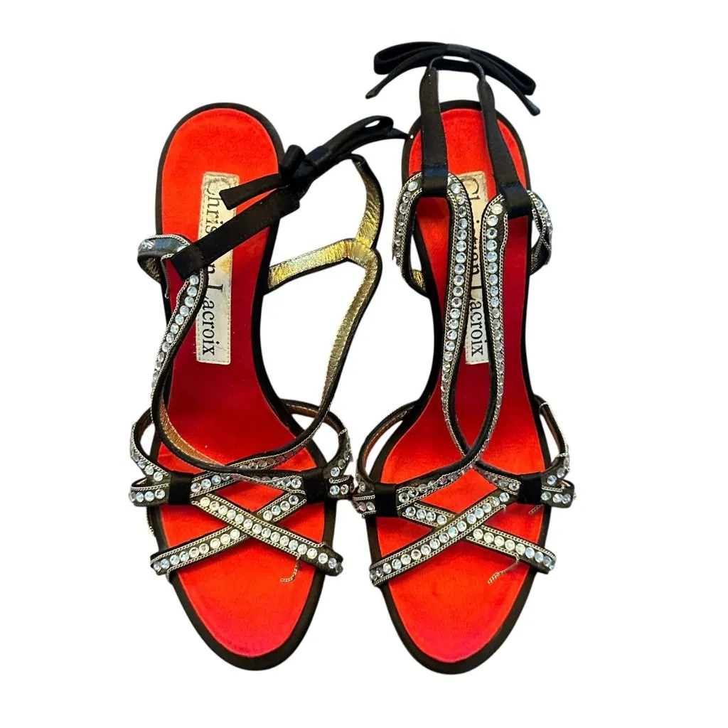 Christian Lacroix Black Silk Crystal Strappy Heels Size 36 Evening Sandals - Image 3