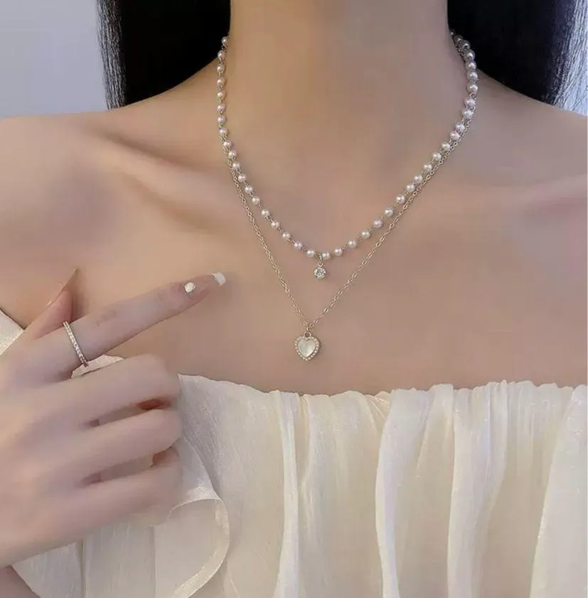 Love Pendant Double Collar Chain Necklace Gold - Image 4