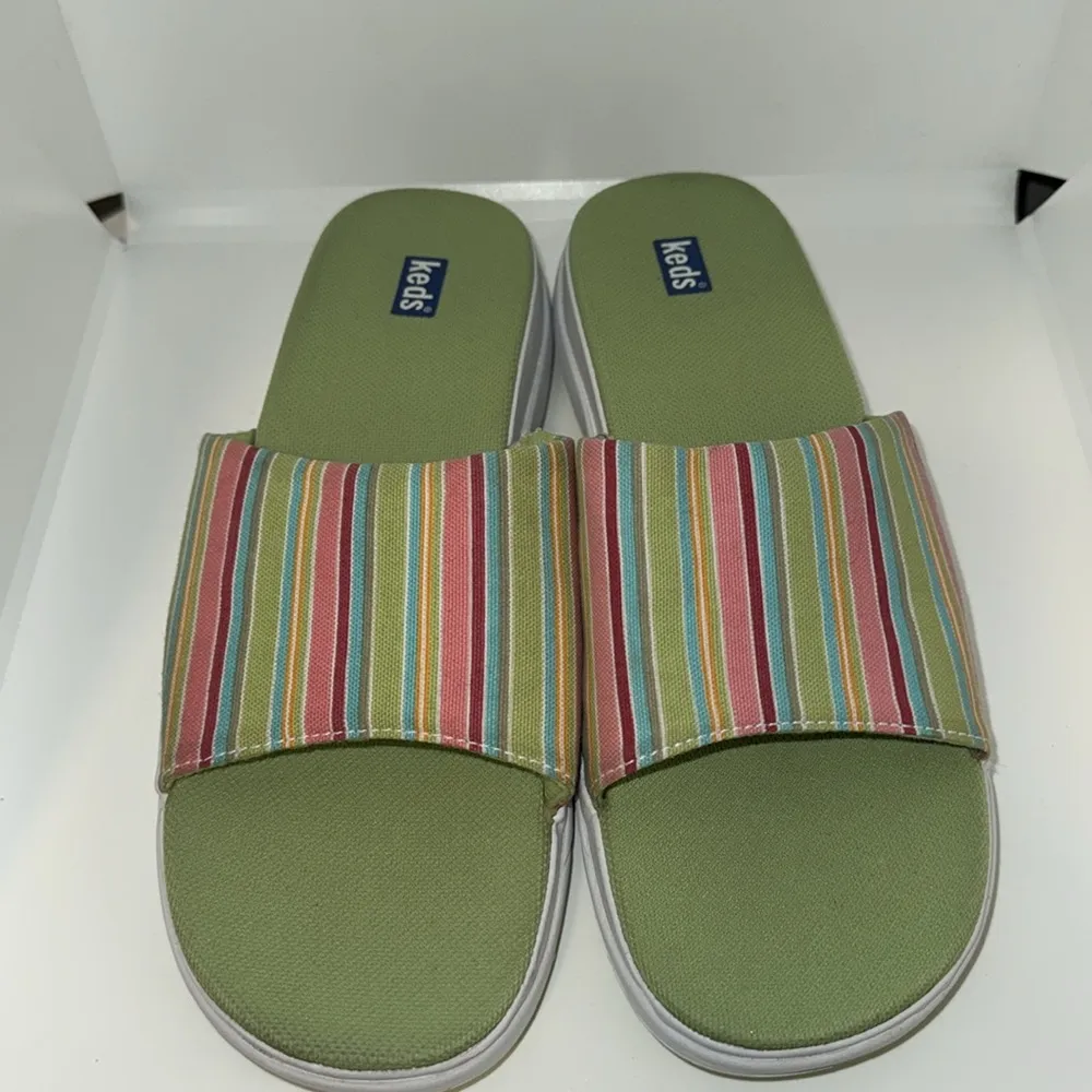 KEDS Rainbow Striped Canvas Slide Sandals Women’s Size 8 Green & White - Image 2