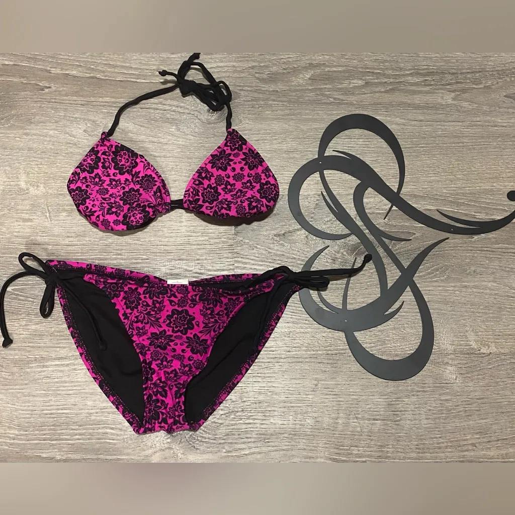Xhilaration Hot Pink Floral String Bikini Set | Triangle Top & Tie-Side | Small - Image 3