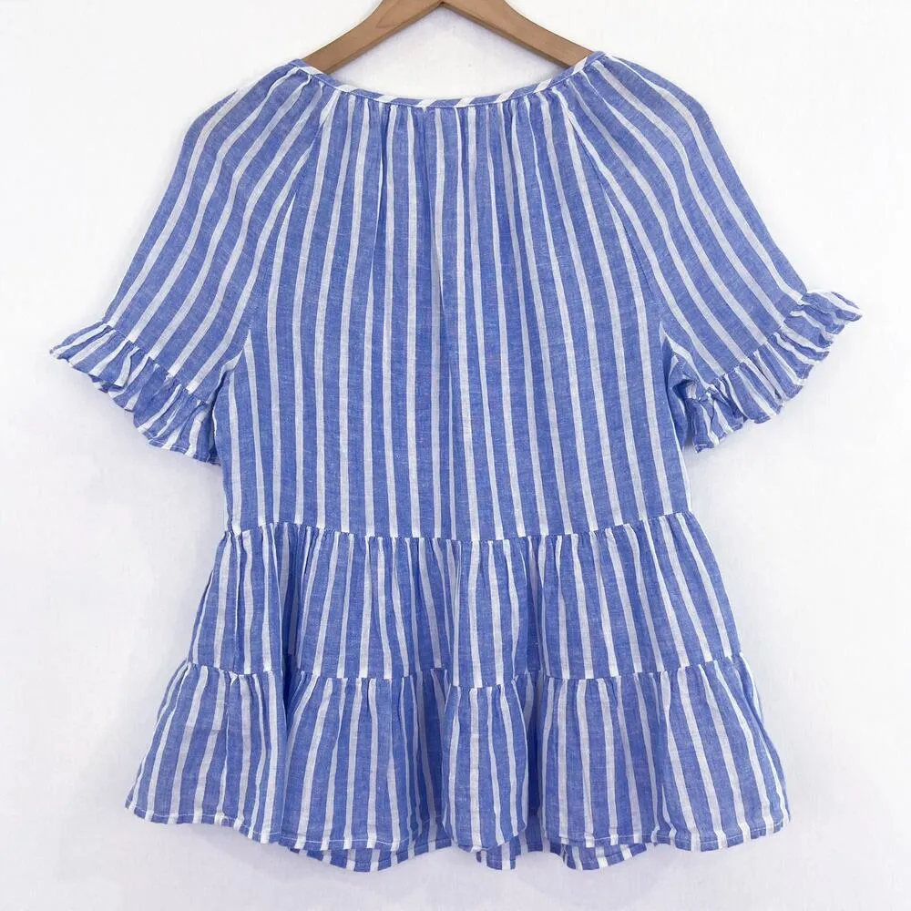 BeachLunchLounge Tiered Linen Cotton Blouse Striped Ruffles Boxy Beachy XS - Image 2