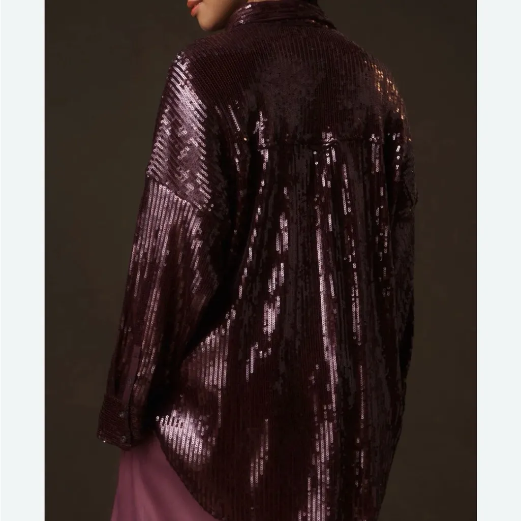 Pilcro Sequin Oversized Button Down Shirt in Plum Size XXS - Image 2