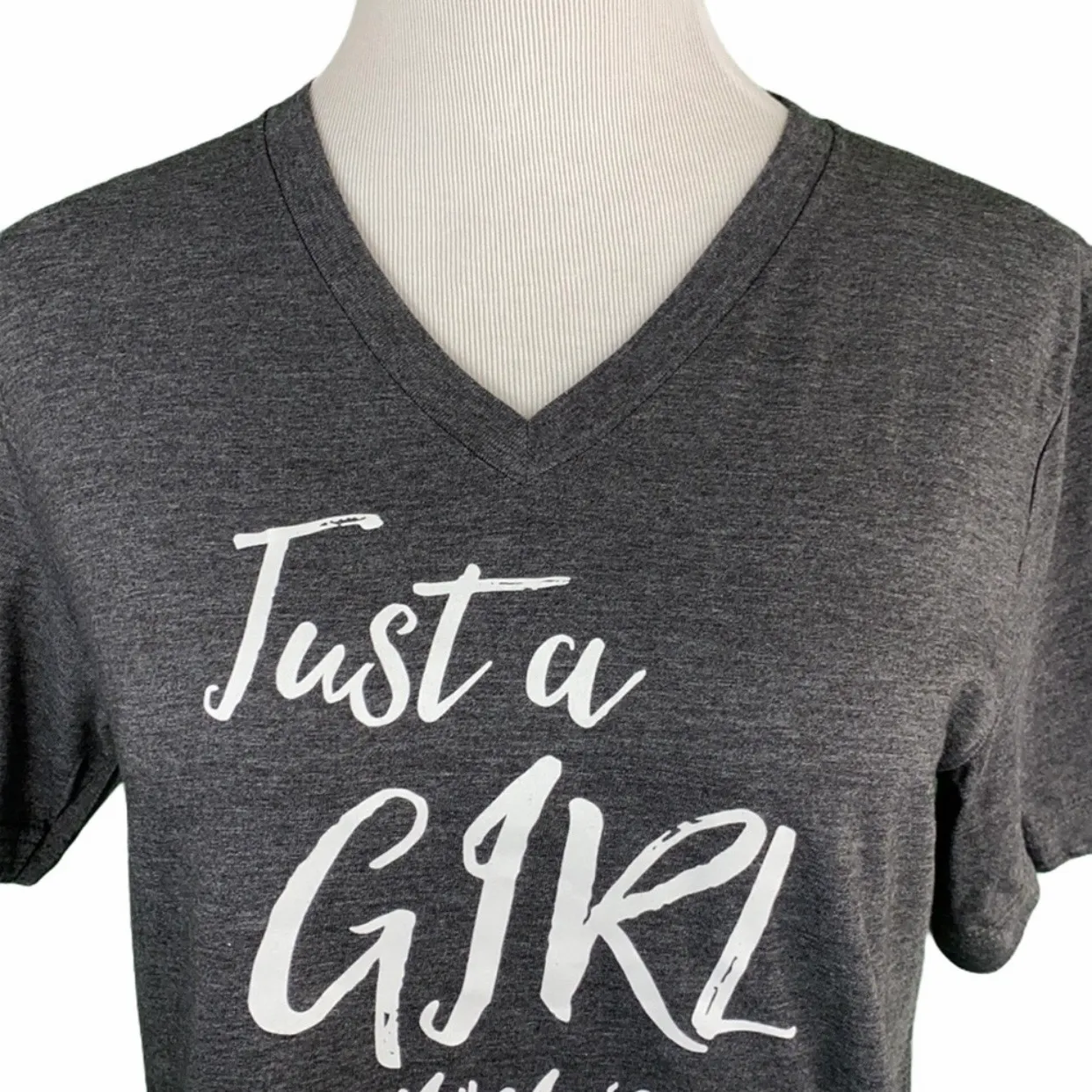 Classic Dark Gray Just A Girl Short Sleeve V-Neck Graphic Tee - Image 5