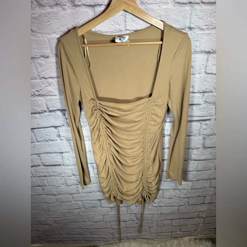 Princess Polly Mikayla Beige Tan Mini‎ Bodycon Ruched Dress Womens size 12 - Image 2