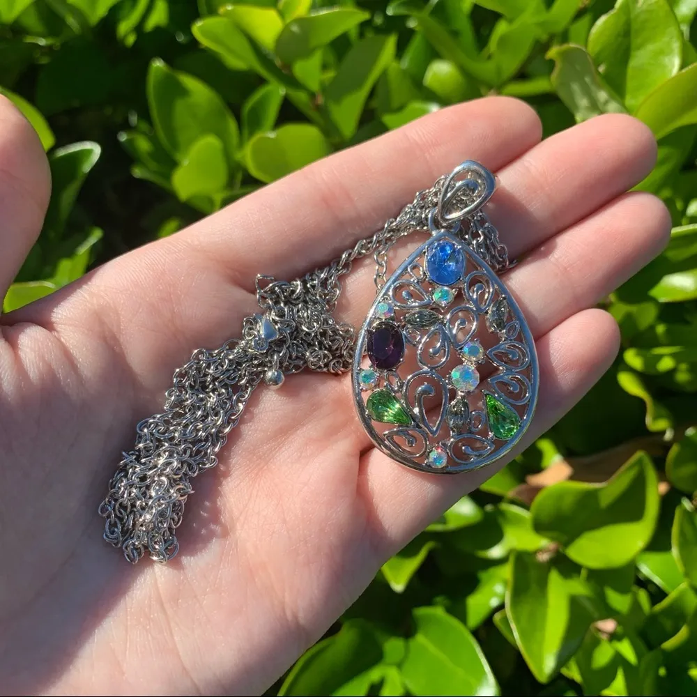 Silver Teardrop Shaped Necklace Double Silver Chain - Image 5