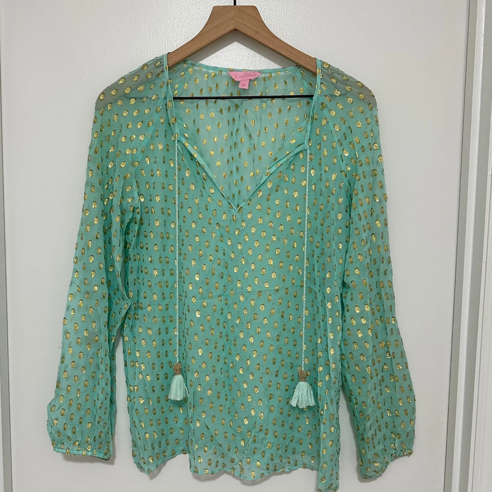 LILLY PULITZER | Rilla Silk Blend Seafoam Green Gold Dot Tassel Blouse Top, S - Image 3