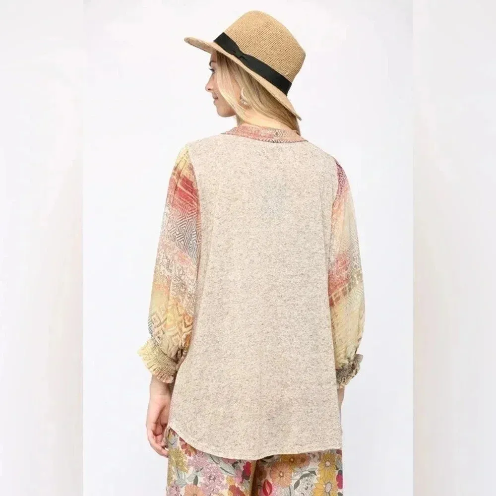 Solid Knit & Chiffon Mixed Cardigan Oatmeal color boho lightweight cardigan - Image 3