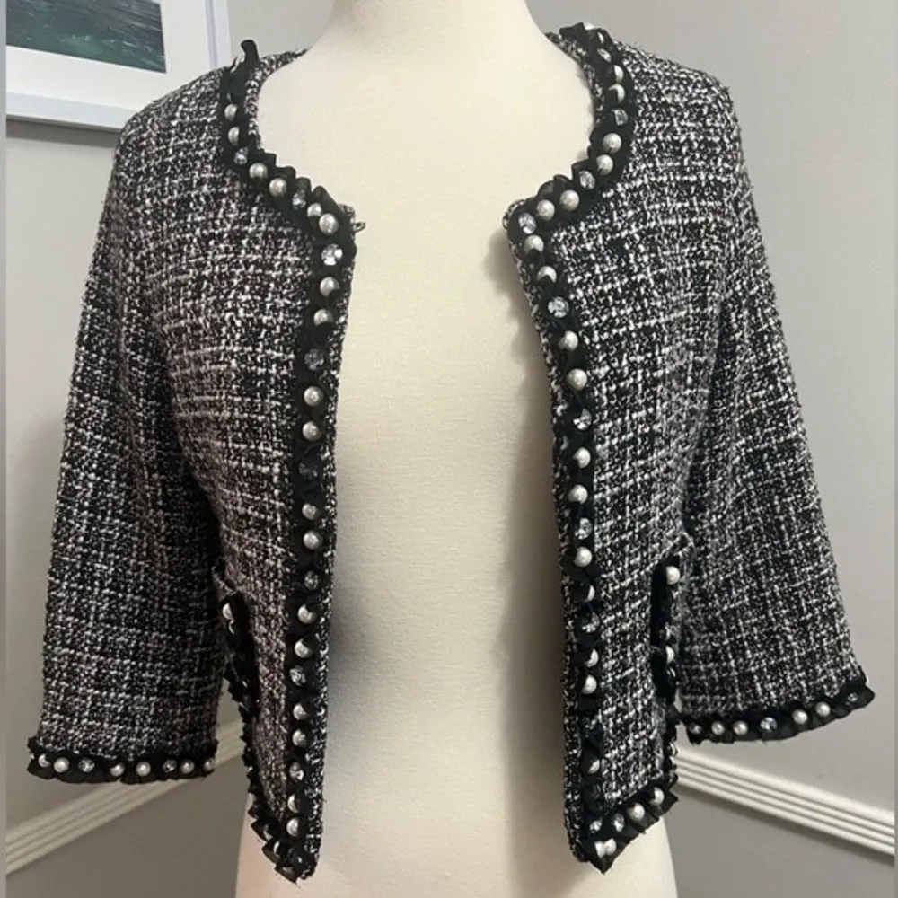 Maje Tweed Blazer Cropped Embellished Faux Pearls and Rhinestones XS - Image 2