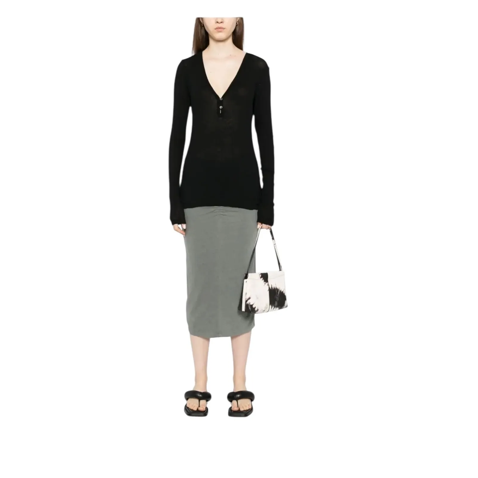 James Perse Brushed Jersey Skirt Gray Ruched Midi Skirt Size 1 Casual Chic - Image 3