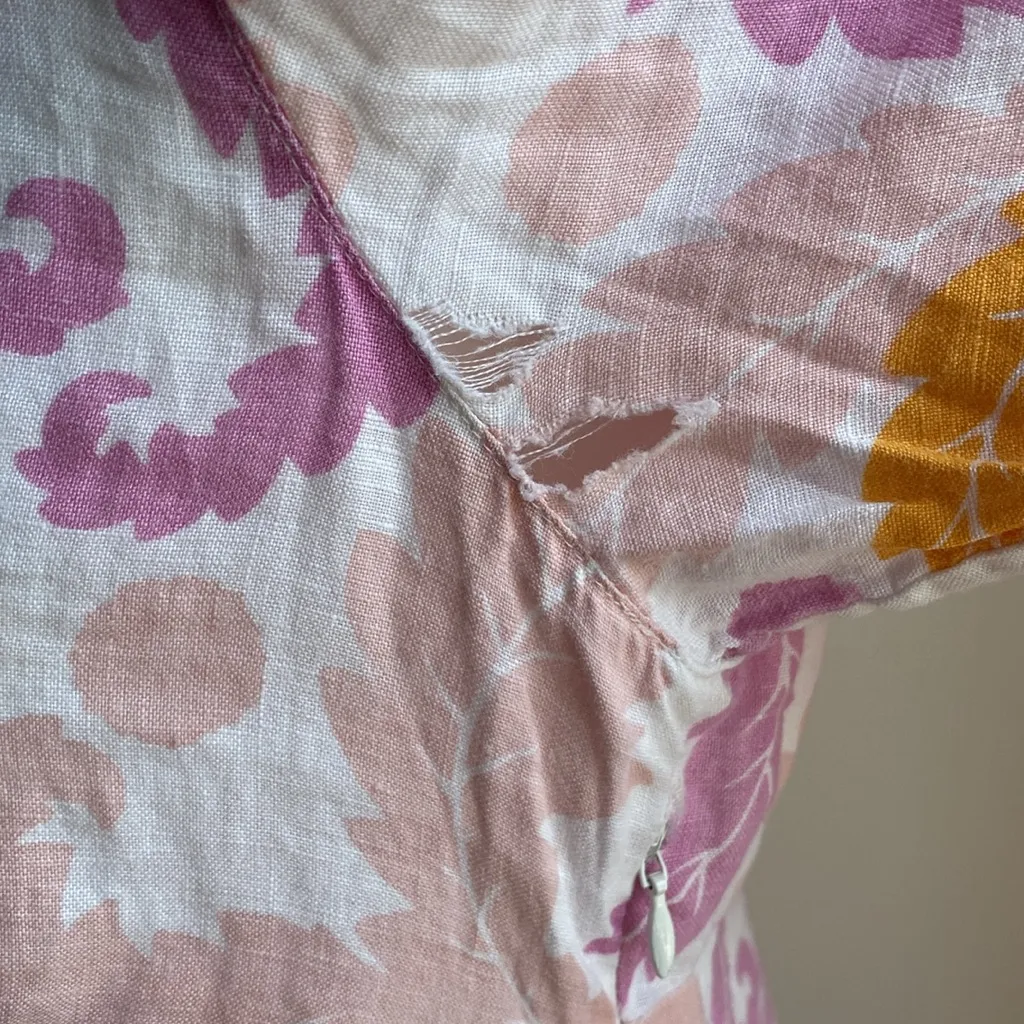 Boden 100% Linen Floral 3/4 Sleeve Shift Dress Side Zipper *Hole* Size 8P - Image 3