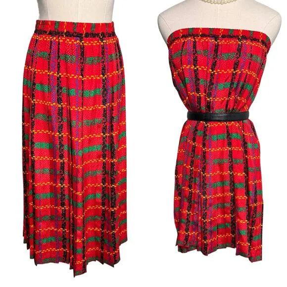 Vintage 90s colorful textured satin plaid pleated midi skirt mini dress size S Red - Image 2