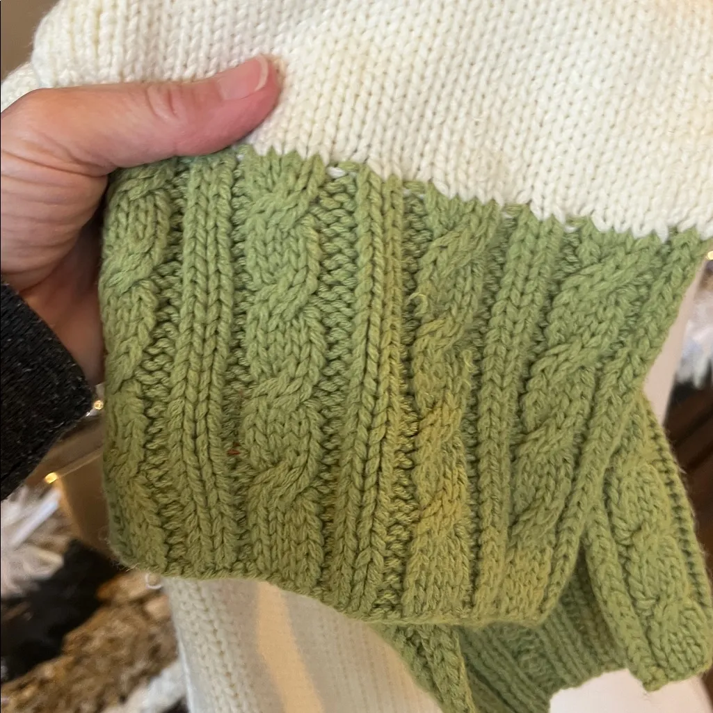 Crochet Acrylic Cream Winter Scarf with Green Accent Womens Girls - Image 6