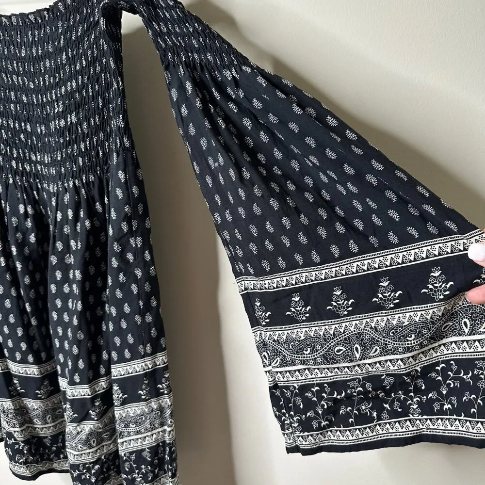 Ecote Black Paisley Smocked Bodice Off The Shoulder Dress Women's Small - Image 3