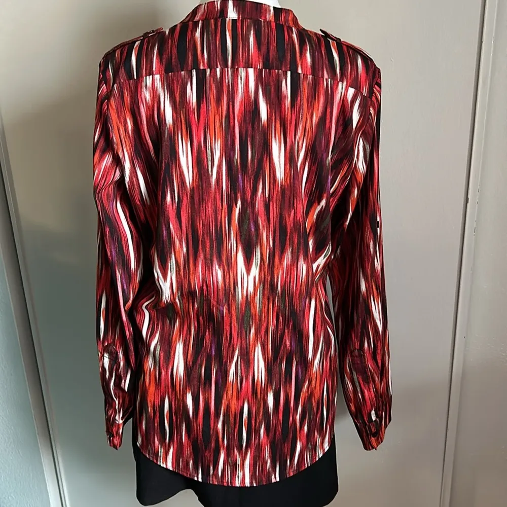 Calvin Klein Red White Black Stripes Split V-Neck Button Up Roll Cuff Sleeve Top - Image 4