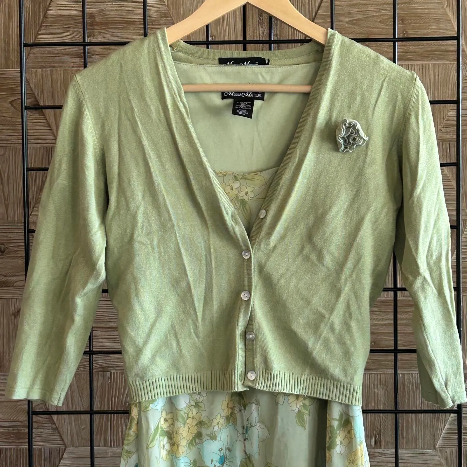 Meghan Mathews Sleeveless Chiffon Dress & Cardigan Sz 4 Light Green Floral - Image 4