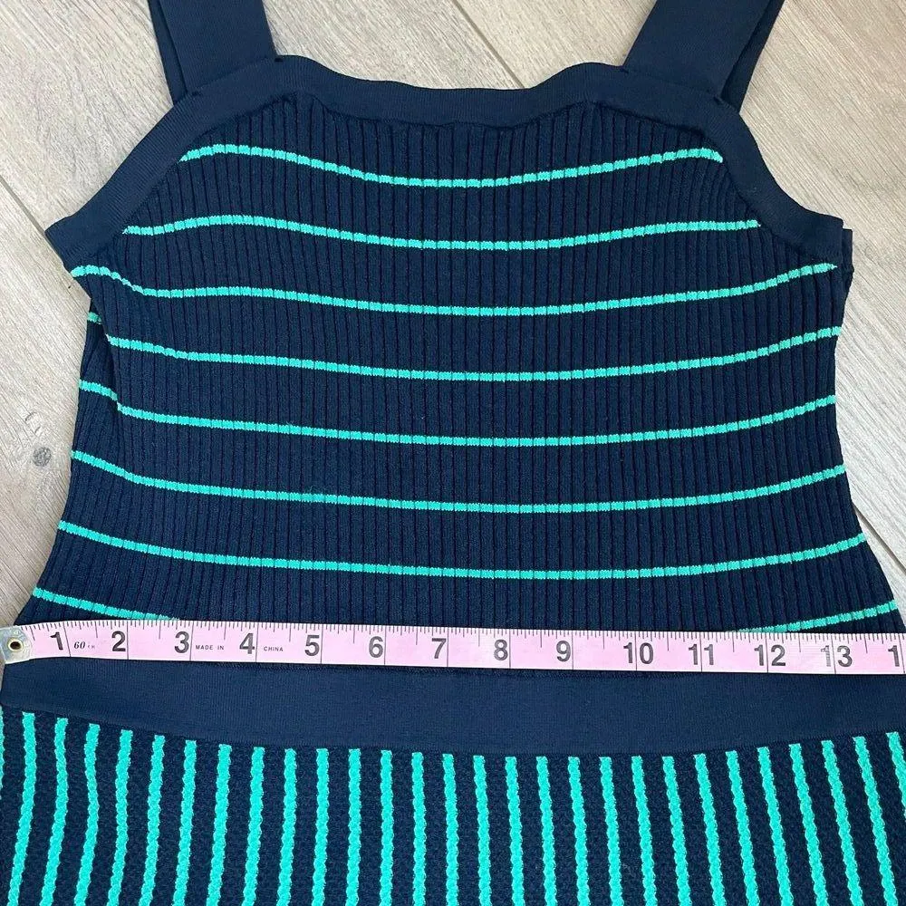 Banana Republic SQUARE-NECK KNIT MIDI DRESS in Navy & Emerald Green Stripe - Image 9