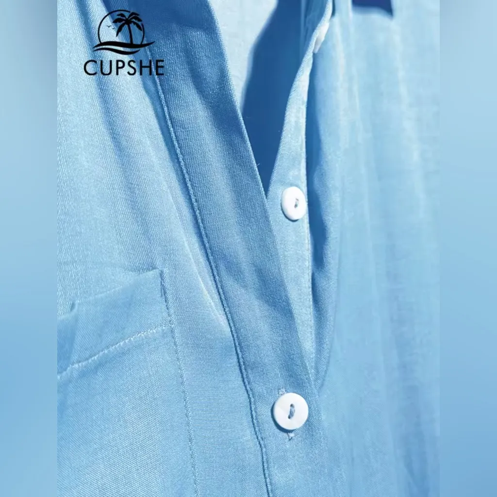 NEW Cupshe Button Dress Shirt Dress Cover Up Chambray Blue Beach XL - Image 7