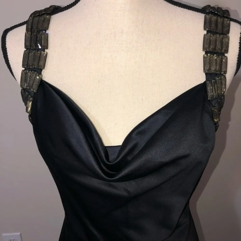 Black Formal Dress Evening Gown Calvin Klein Size 2 Gold Straps Satin - Image 5