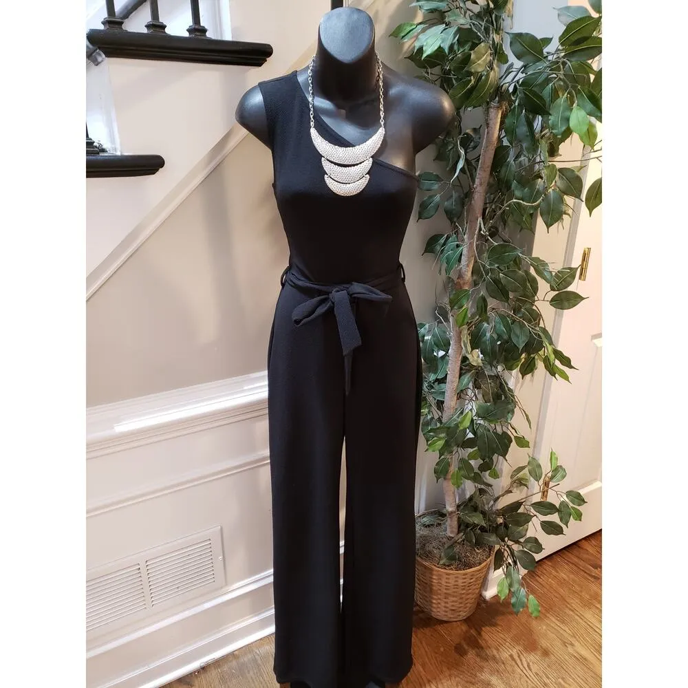 Nasty Gal Black One Shoulder Belted Jumpsuit Women’s Size 2 Stretch Wide Leg - Image 2