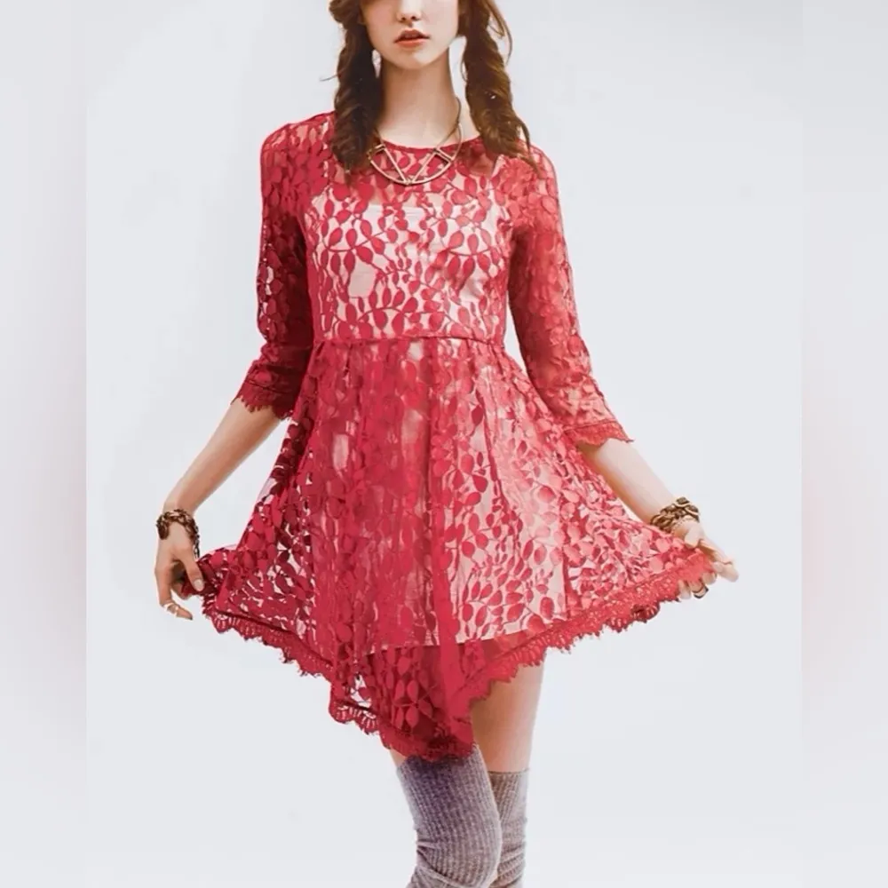 Free People Women’s Floral Mesh‎ Lace Red Dress Size S - Image 4