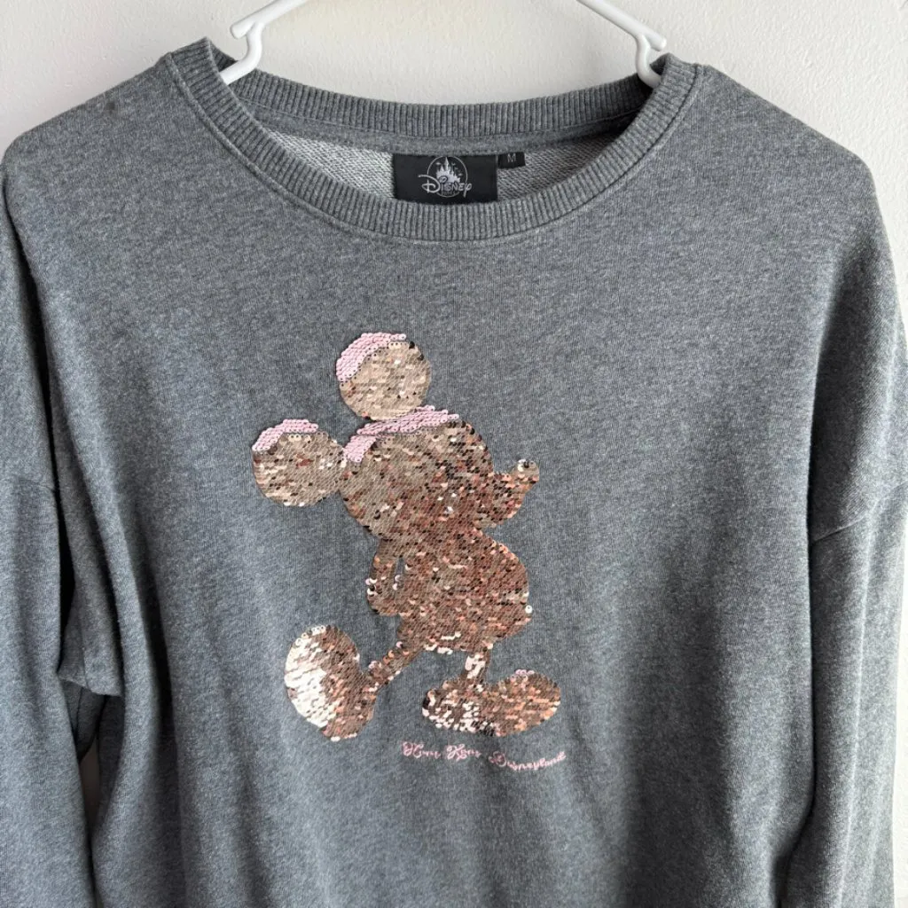 Disneyland Hong Kong Gray Rose Gold Sequin Pullover Sweatshirt Size M - Image 5
