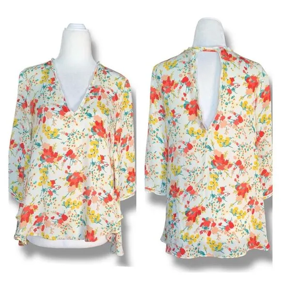 Zara Basic Top Floral Chiffon Blouse Open Back Deep Vneck Flowy Boho Spring XS - Image 2