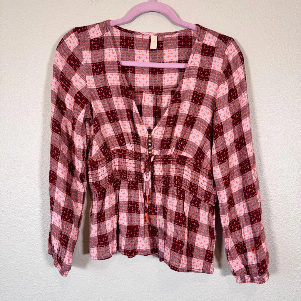 Pilcro Pink Red Plaid Peplum Blouse Womens S Fall Boho Long Sleeve Shirt Top - Image 13