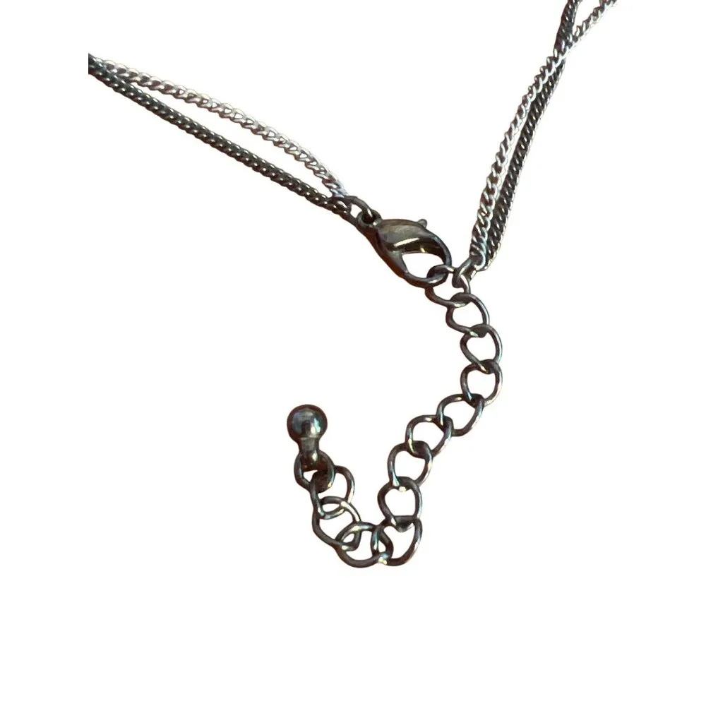 Vintage 2 Strand Necklace Silver Tone Gunmetal Heart Dangles Layered Adj 20" - Image 4