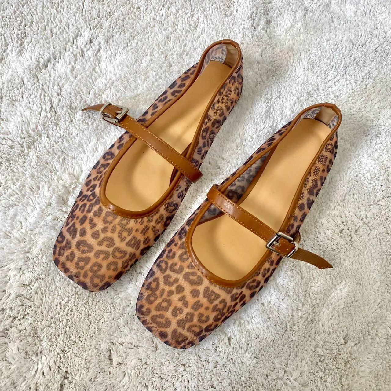 NEW Mary Jane Square Toe Mesh Tan Brown Leopard Ballerina Shoes US 7.5 - Image 7