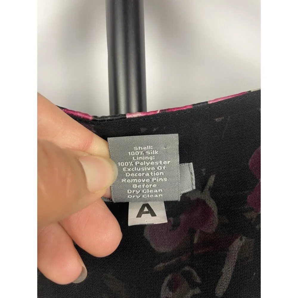 Ann Taylor Floral Silk Black Cherry Blossom Velvet Trim Cap Sleeve Blouse Size 4 - Image 3