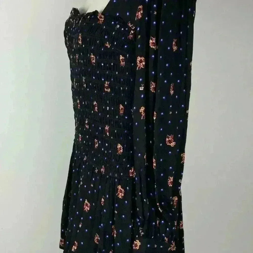 FREE PEOPLE Sz L TWO FACES LONG SLEEVE ROUCHED DRESS FLORAL BLACK COMBO - Image 4