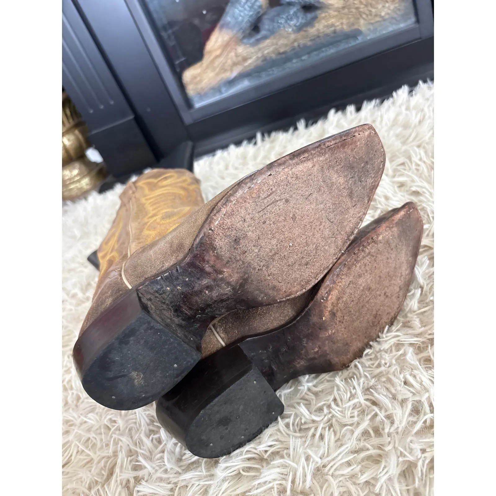 Vintage J B Dillon Western Cowboy Boots Tan Leather Embroidered Women Sz 8.5 Brown - Image 5