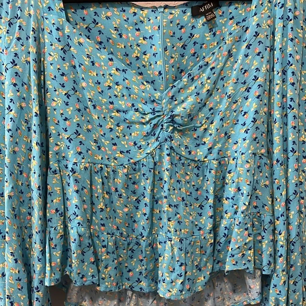 AFRM Soni Ruched Balloon Sleeve Crop Top Ditsy Floral Blue, Size M Blue Size M - Image 3