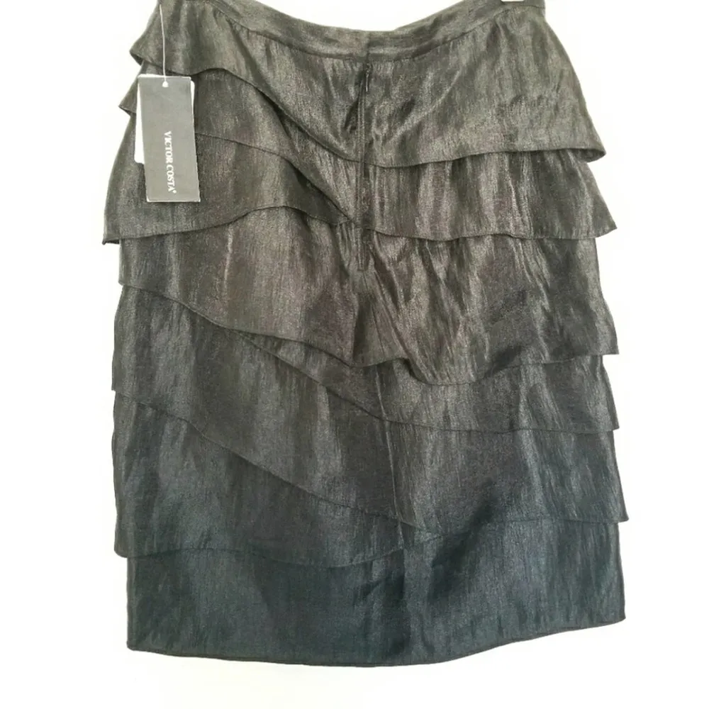 Victor Costa Black Tiered Ruffle Shimmer Knee Length Skirt Size 6 - Image 3