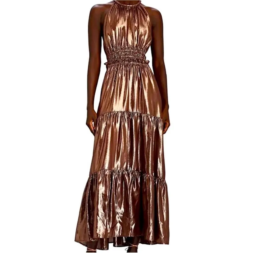 A.L.C. Elara Silk Blend Metallic Tiered Maxi Dress Bitter Chocolate Sz 14 - Image 5