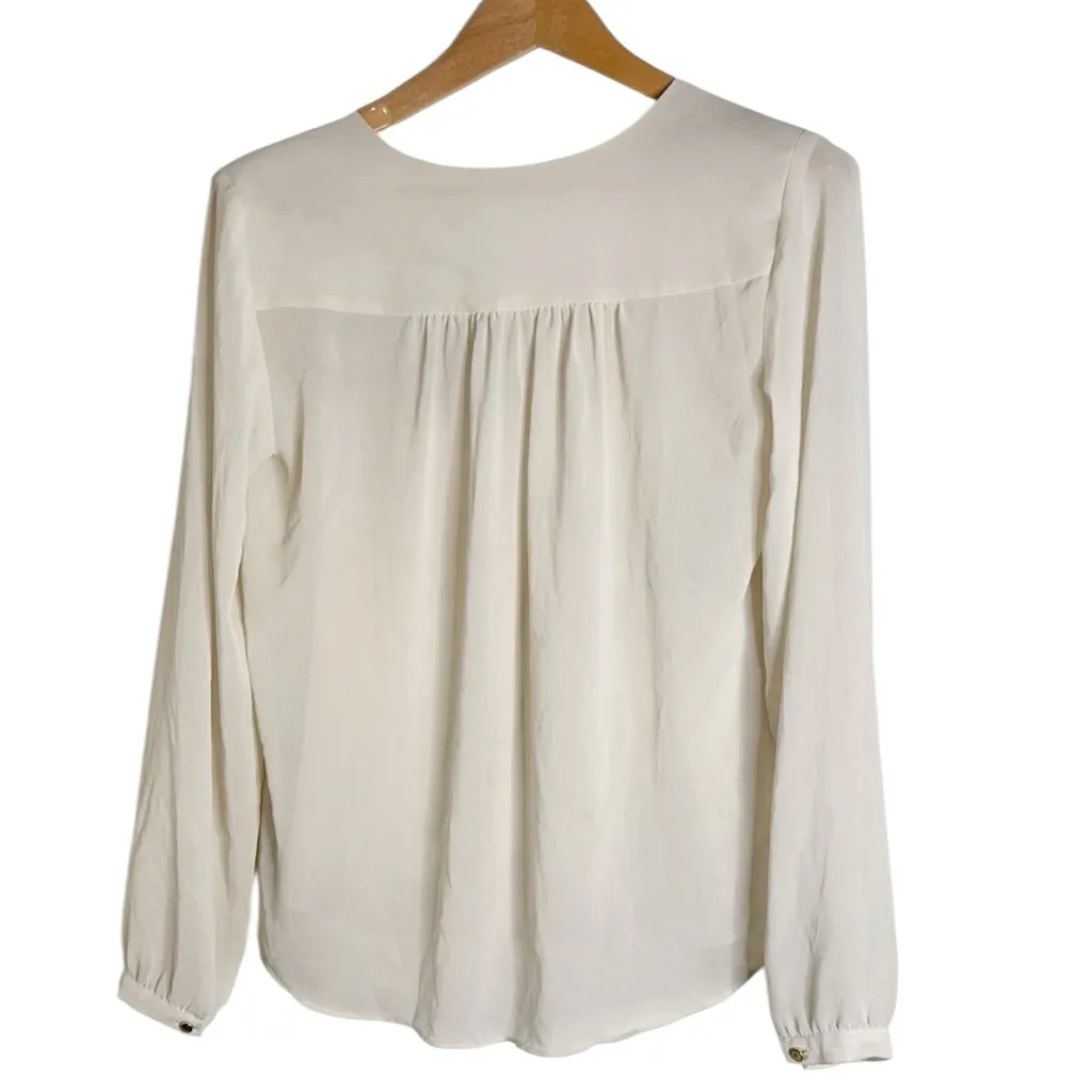 V-Ruffled Neckline Long Puff Sleeve Ivory Pullover Blouse - Image 2