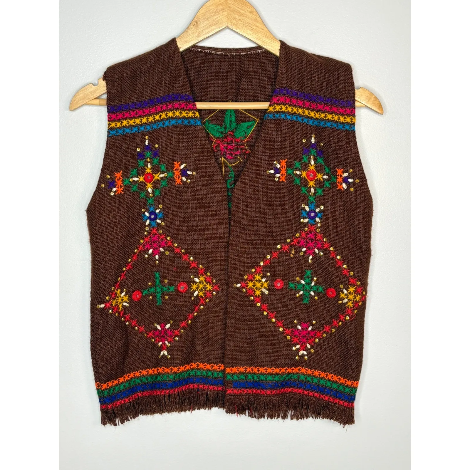 Vintage Hand Embroidered Brown Knit Vest Folk Art Bohemian Festival Fringe Small - Image 3