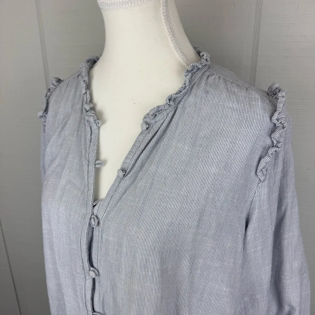 Lauren Conrad Button Up Ruffle Blouse Top 3/4 Balloon Sleeves Blue White Striped - Image 2