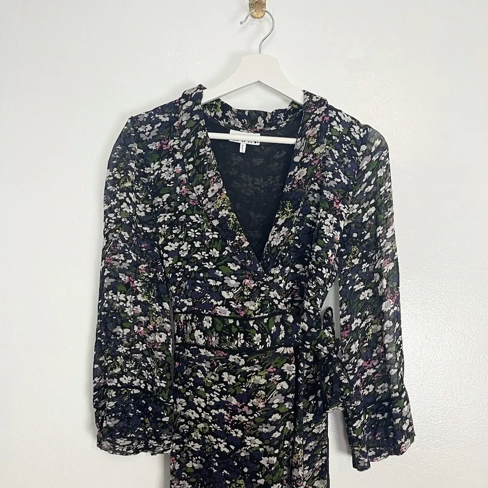 GANNI Floral Print Georgette Wrap Dress in Black Size EU 34 // US 2 - Image 6