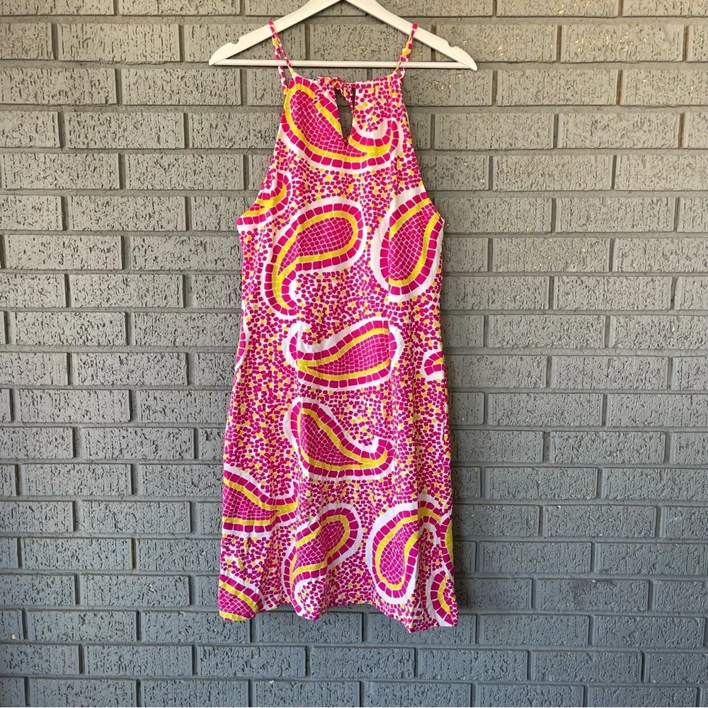 J. McLaughlin Maria Halter Dress Pink Yellow Paisley Mosaic Print Size Small - Image 4