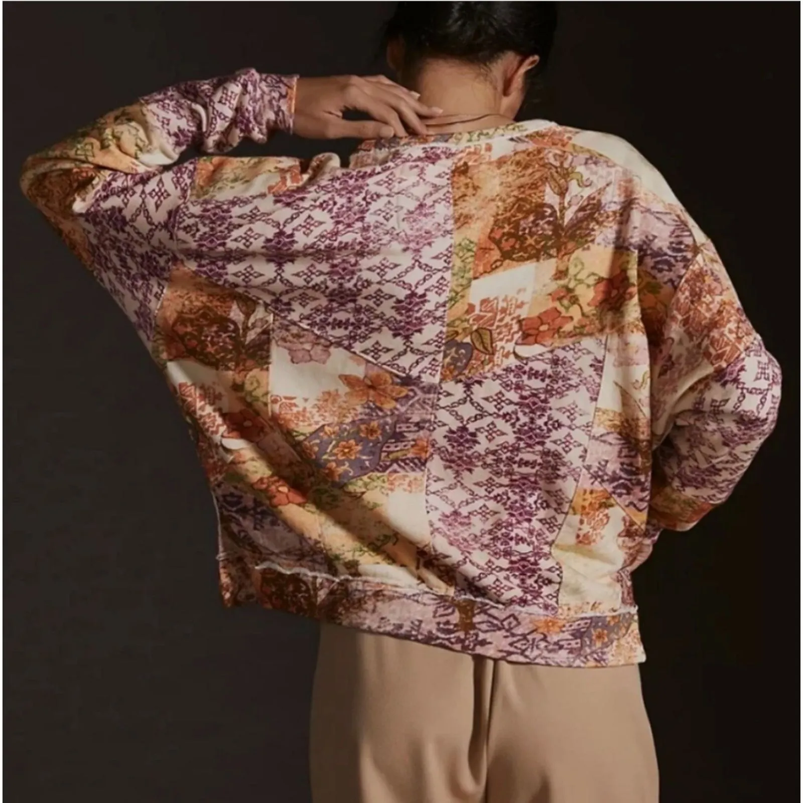 Anthropologie Pilcro Purple Floral Patchwork Notched V Neck Pullover Sweater M - Image 7