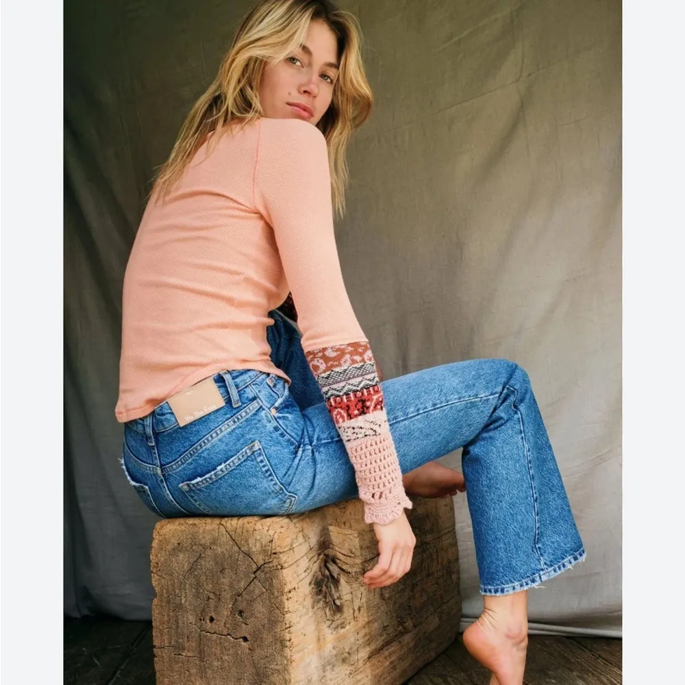 Free People In The Mix Thermal Cuff Tee Rio Orange Long Sleeve Boho Top L - Image 5