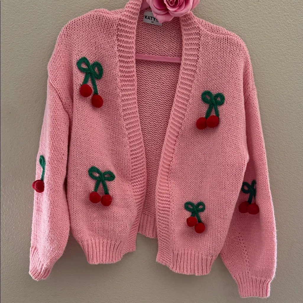 Katydid Pink Cherry Embroidered Cardigan Size M - Image 3