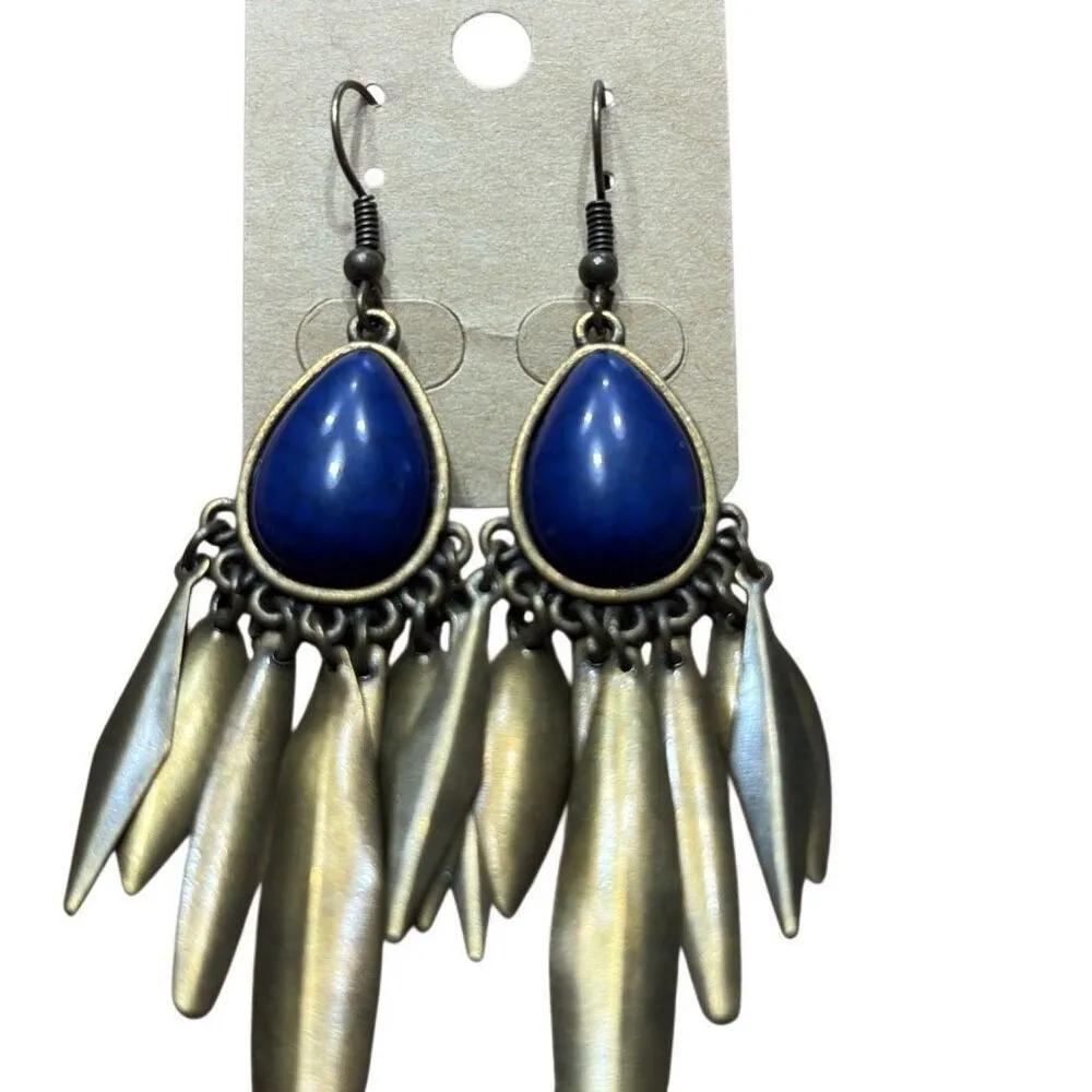 Bohemian Blue Bronze Dangle Chandelier Teardrop Fashion Earrings Boho Festival - Image 2
