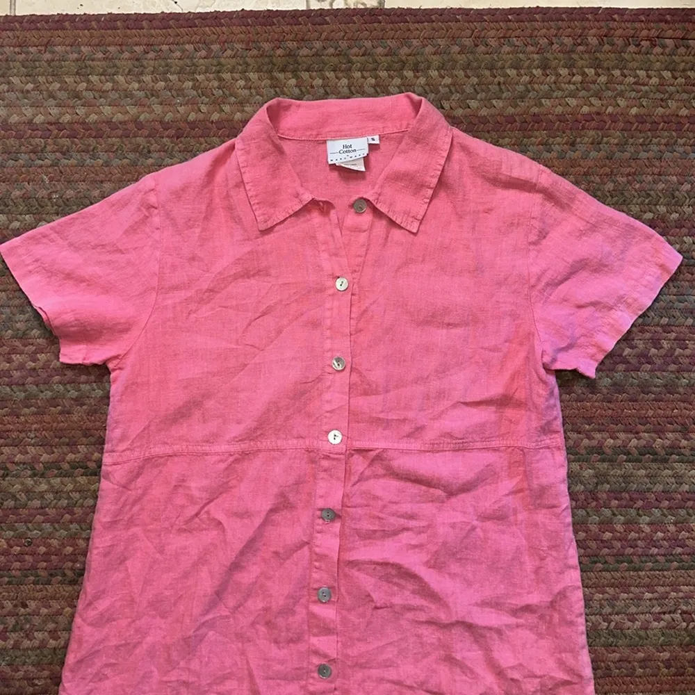 VTG 100% LINEN PINK COLLARED BUTTON UP DRESS MADE IN USA - Image 3