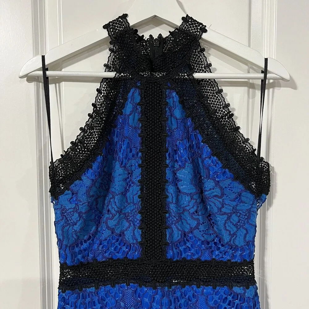 Alexis Size S Julianna Dress Blue Black Lace Halter Midi Bodycon High Neck Gown - Image 5